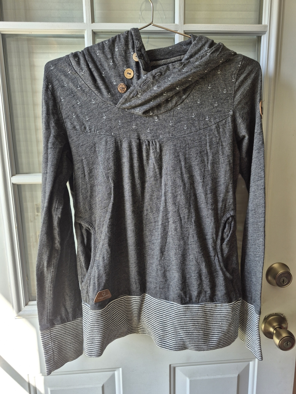 Charcoal Hooded Cowl Neck Women's Hoodie with Button Detail